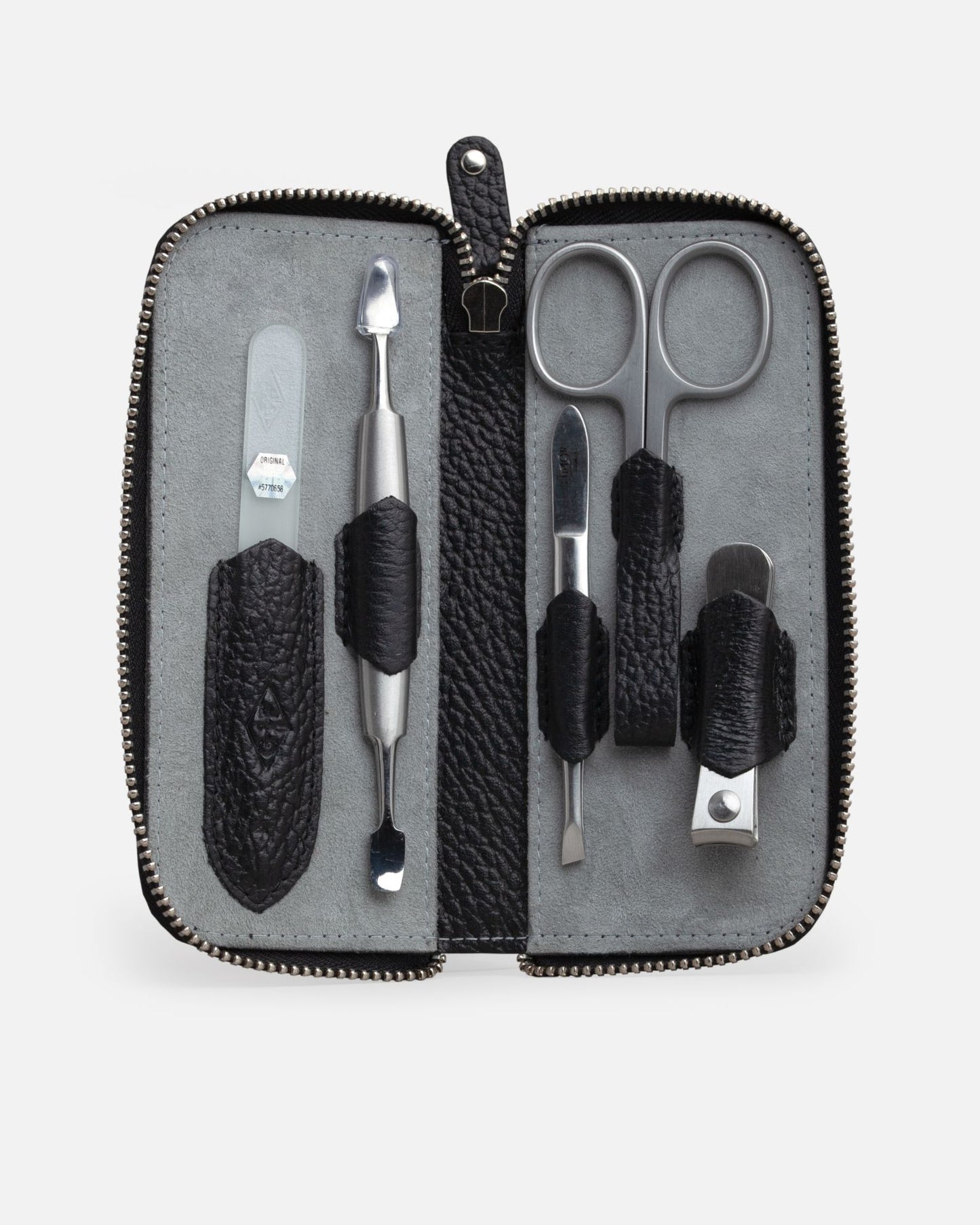 5-Piece Manicure Set - Black Grained Leather with Zipper Closure