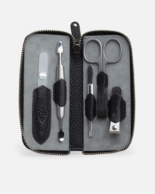 5-Piece Manicure Set - Black Grained Leather with Zipper Closure