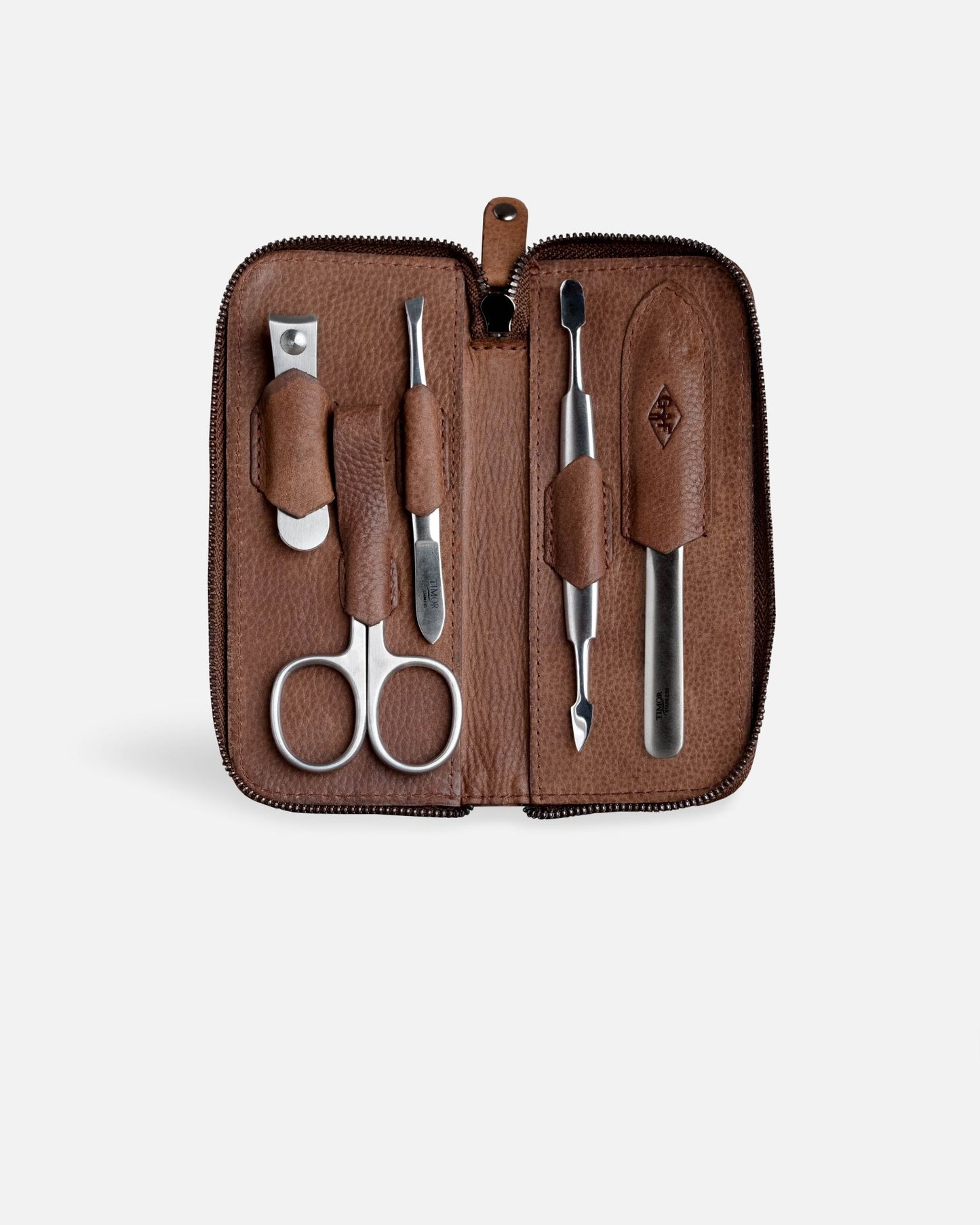 5-Piece Manicure Set - Brown Leather with Zipper Closure