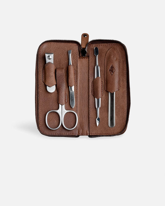 5-Piece Manicure Set - Brown Leather with Zipper Closure